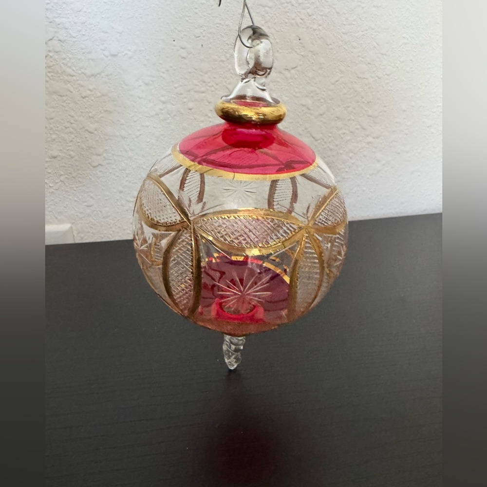Red Ball with Gold Etched Accents Egyptian Glass Ornament.
